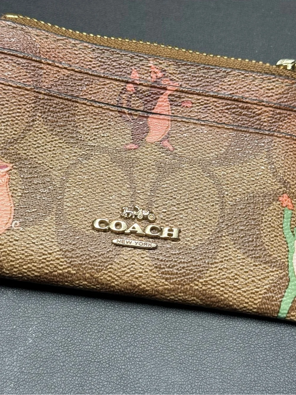 Coach Brown Signature Zip Card Case with Gold Logo and Playful Print